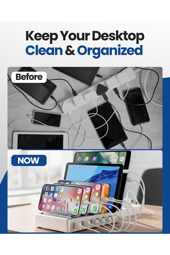 -6-Port USB Charging Station with 6 Included Cables, Fast Charging Hub for iPhone Android Cell Phone, Tablet, Smartwatch - Multi Port Desktop Organizer (Silver)