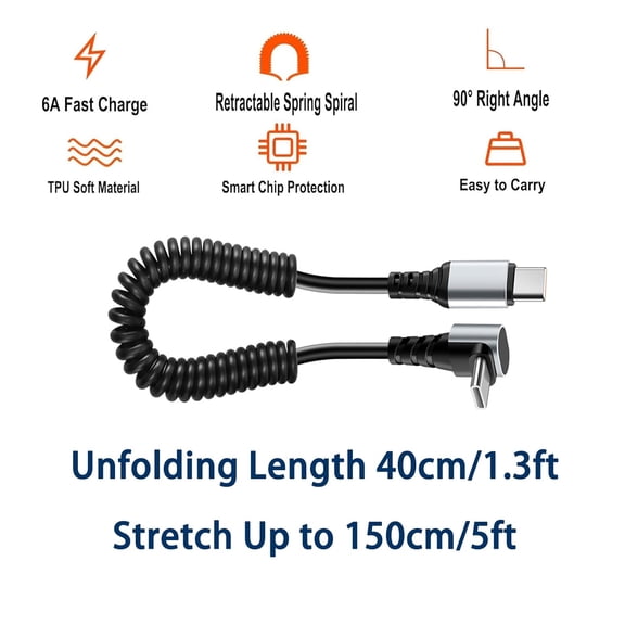 ASIASN-60W 2Pack Coiled USB C to USB C Cable,90 Degree USB-C Cord for Car,Retractable Spring Spiral,Type-C Charger Cord with Data Sync i-Phone 16 15 Plus/Pro/Pro Max,Galaxy S24 S23 S22