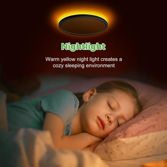 ASIASN-7 Inch Flush Mount Ceiling Light Fixture with Night Light 1800K, 3000K/4000K/6500K Selectable Ceiling Lights, Low Profile Ceiling Lighting for Bedroom Bathroom Kitchen-Black