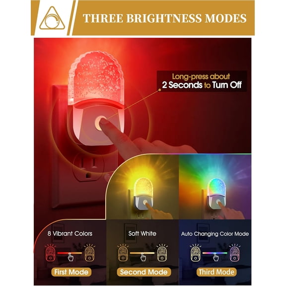 ASIASN-8-Color RGB LED Night Lights Plug Into Wall [2 Pack], Color Changing RGB LED Night Light with Dusk to Dawn Sensor for Bathroom Decor, Chrome Cover