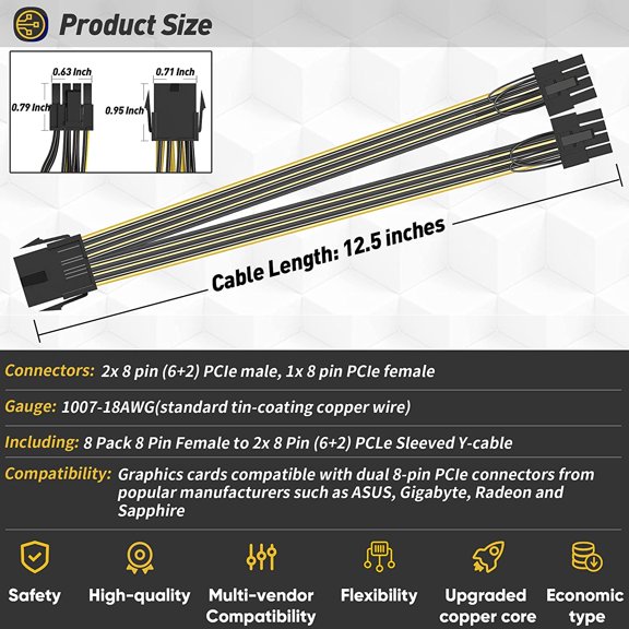 ASIASN-8 Pack 8 Pin PCIe Splitter to Dual 8 Pin (6+2) Graphics Card PCI Express Power Adapter, 12.5 inches VGA GPU Extension Cable for Mining Video Card