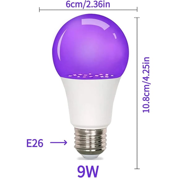 ASIASN-8-Pack LED Black Bulb, A19, UVA 385-400NM, 9W (100W Equivalent), E26 Head, Non-Dimmable, for Halloween Decorations, Glow Parties, Fluorescent Posters