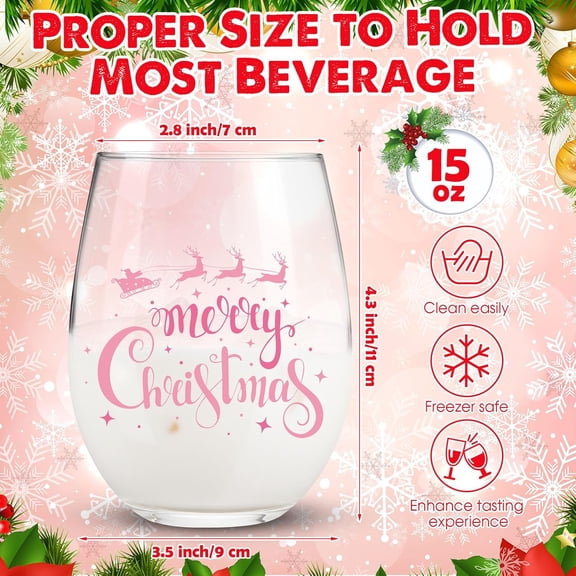 ASIASN-8 Pcs Winter Pink Wine Glasses Let It Snow Happy New Year Stemless Wine Glass 15 oz Snowflake Winter Let It Snow Leaf Tree Glasses for Holiday Party Family Birthday Decoration