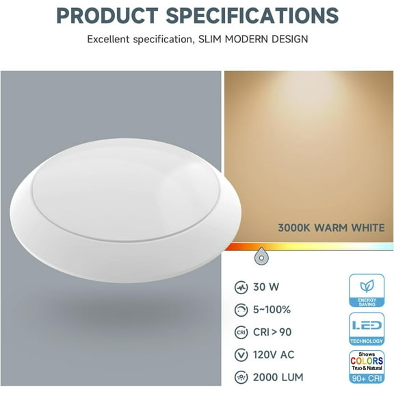 ASIASN-8 inch LED Dimmable Disk Light, 30W, 2000 Lm, 3000K Warm White, Surface Mount LED Ceiling Light, Wet Rated, Aluminum Baffle Trim, ETL Listed, White