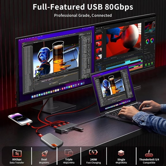 ASIASN-80Gbps USB 4 V2 for Thunderbolt 4/5 Cable 3.3ft, 120Gbps Video Bandwidth [Dual 8K or Triple 4K] Display, 240W Charging, High Speed USB C Data Cable Compatible for eGPU, SSD, Monitor, Red