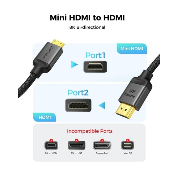 ASIASN-8K 4K Mini HDMI to HDMI Cable 3.3FT, Mini HDMI 2.1 Cord [8K 60Hz, 4K@240Hz 144Hz 120Hz, Upgrade Braided] 48Gbps, Compatible with Camera, Camcorder, Laptop, Tablet, Monitor, Raspberry Pi Zero