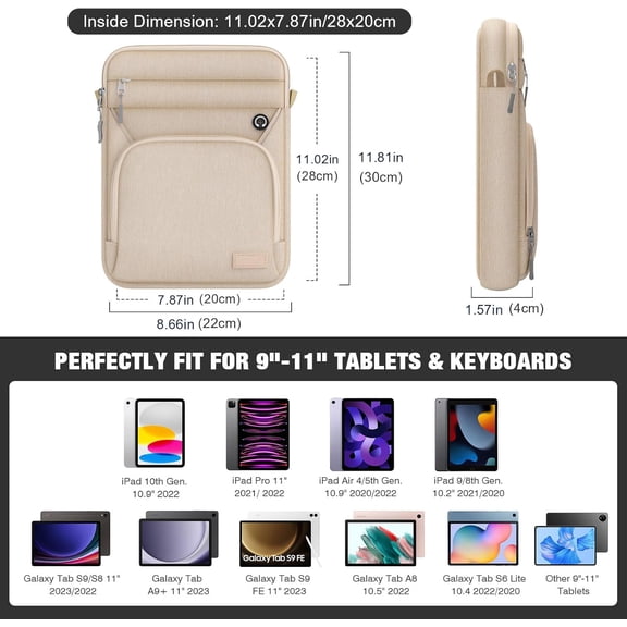 ASIASN-9-11 Inch 360 Protective Tablet Sleeve Bag, Fits 11 inch iPad Air M3, iPad A16 2025, Pro 11 M5, iPad 10/9/8/7th, Tab S8/S9 11, Multifunctional Bag with Shoulder and Headphone Port, Sand