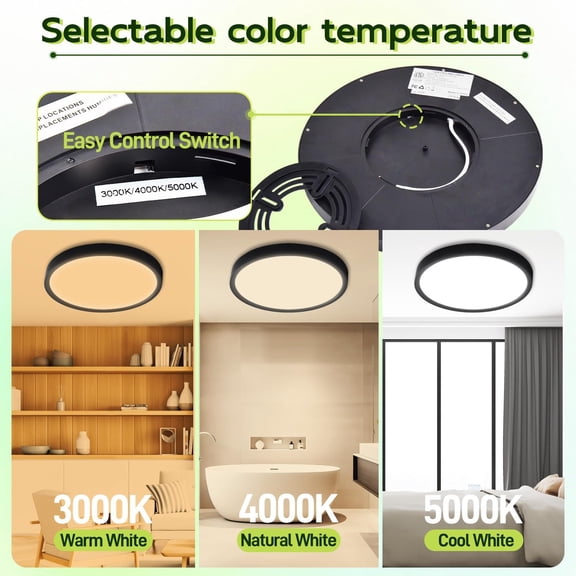 ASIASN-9 Inch Selectable CCT LED Round Flat Panel Light, 18W 1800LM 3000K/4000K/5000K, Edge-Lit Flush Mount Ceiling Light Fixture for Kitchen, Bedroom, Laundry and Closet Room, Black