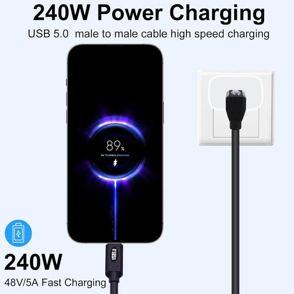 ASIASN-90 Degree USB C Thunderbolt Cable 2FT, 80Gbps Thunderbolt 5 Cable, 240W Power, Dual 8K Display, 120Gbps Bandwith, Up Down Angle Type C Cord Compatible with iPhone16/15, Laptops, Phones