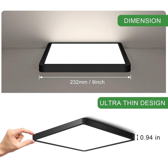 ASIASN-9Inch 18W Square LED Ceiling Light Fixtures Flush Mount, 4000K Natural White Ceiling Lamp, Surface Mount Modern Ceiling Lights, Slim Flat Panel Lighting for Bedroom, Kitchen, Bathroom Etc.Blac