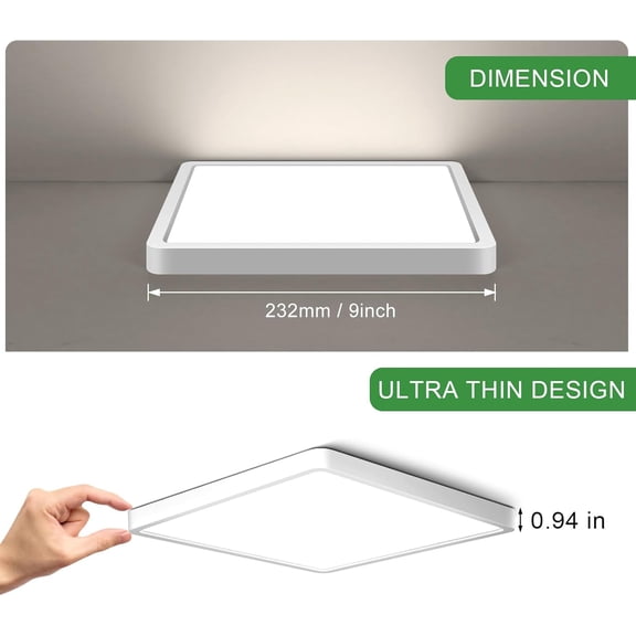 ASIASN-9Inch 18W Square LED Ceiling Light Fixtures Flush Mount, 4000K Natural White LED Ceiling Lamp, Surface Mount Modern Ceiling Lights, Slim Flat Panel Lighting for Bedroom, Kitchen, Bathroom Etc.
