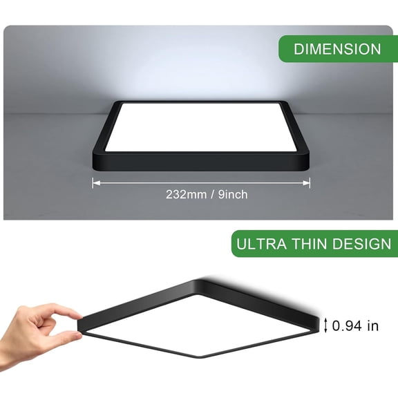 ASIASN-9Inch 18W Square LED Ceiling Light Fixtures Flush Mount, 6000K Cold White LED Ceiling Lamp, Surface Mount Modern Ceiling Lights, Black Slim Flat Panel Lighting for Bedroom, Kitchen, Bathroom E