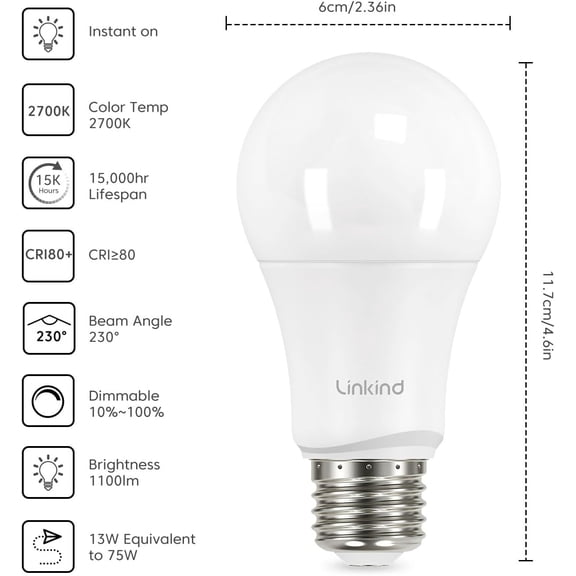 ASIASN-A19 LED Light Bulbs, 75 Watt Equivalent Dimmable Light Bulbs, E26 Base, 2700K Soft White, 13W 1100 Lumens, UL Listed FCC Certified, Lighting for Bedroom Living Room Home Office, 6 Packs