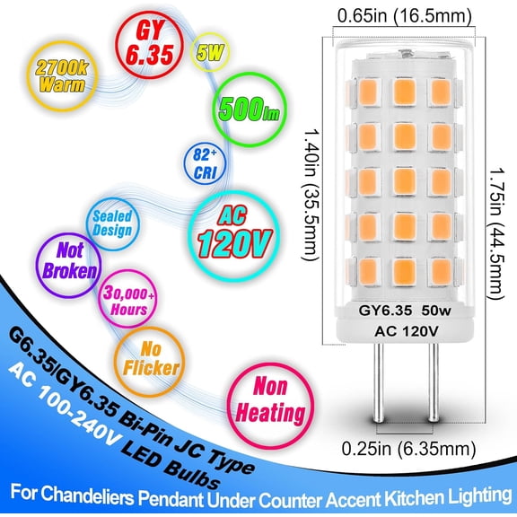 ASIASN-AC100-240V GY6.35 LED Bulb 5W Equivanlent 50W Halgoen JC Type GY6.35/G6.35 Bi-Pin Base Warm White 2700K for Chandeliers Pendant Under Counter Accent Kitchen Lighting, Non-Dimmable, 4 Pack