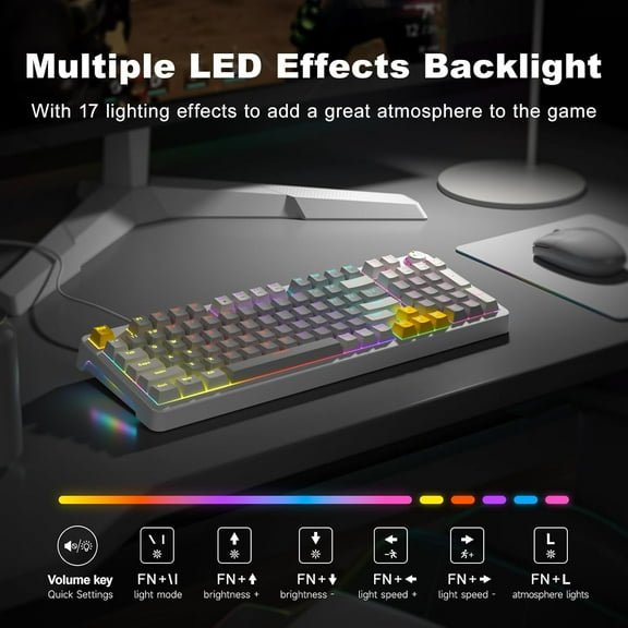 ASIASN-AK96 Mechanical Gaming Keyboard, Full Keys LED Backlit Programmable, Plug and Play USB A/C Wired Computer Custom Keyboard with Sound/Light Control Knob for Win/Mac - Gray & White