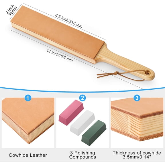 ASIASN-ANGERSTONE Double Side Leather Strop for Knife Sharpening - 14"x 2" Stropping Block Kit with Polishing Compound, Knife Strop with Ergonomic Handle for Honing Knives, Woodworking Chisels
