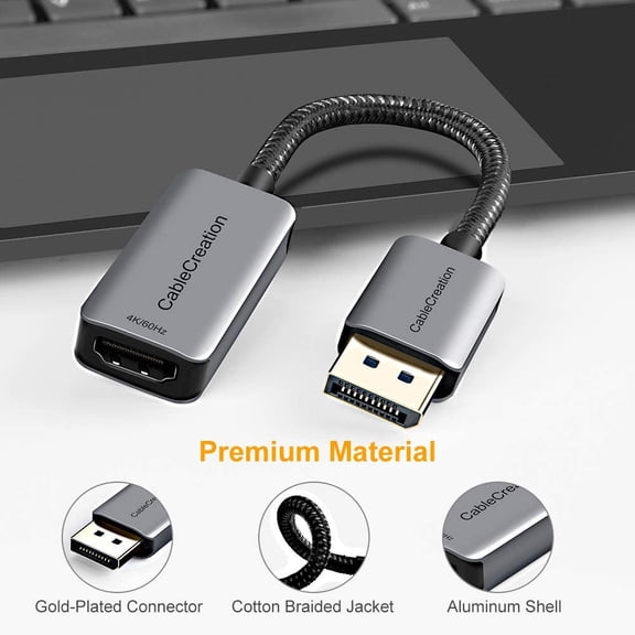 ASIASN-Active DP to HDMI Adapter HDR 4K@60Hz 2K@144Hz 1080P@144Hz, Braided DisplayPort 1.4 to HDMI 4K Converter (Male to Female), Support Eyefinity Multi-Display, Aluminum