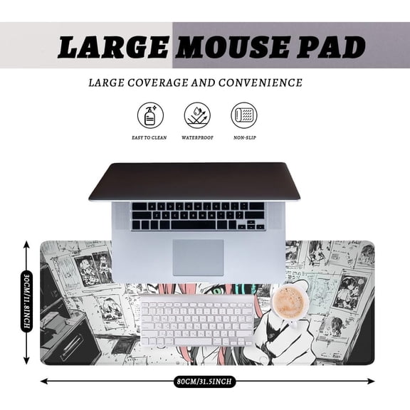 ASIASN-Anime Girl Gaming Mouse Pad Desk Pad Red Hair Headphones Sketch Style Mousepad XL Large Gaming Mousepad Laptop Keyboard Mat Desk Pad Office Computer Keyboard Laptop Home 31.5"x11.8"