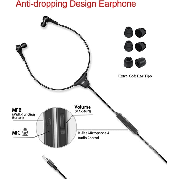 ASIASN-Anti-Dropping Wired TV Earphone with Volume Control, Extra Long Cord Headphone with Mic for TV, PC, RCA & 3.5mm Cable Included, 14.9ft Extension Cable Earphone, Extra Soft Ear Tips, SM-901TV