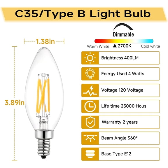 ASIASN-B11 Type B LED Filament Bulb, E12 Base, 4W/40W Equivalent 2700K Warm White Clear Glass, Dimmable, Ideal for Chandeliers, Wall Sconces & Decorative Lighting, 6-Pack(2700K)