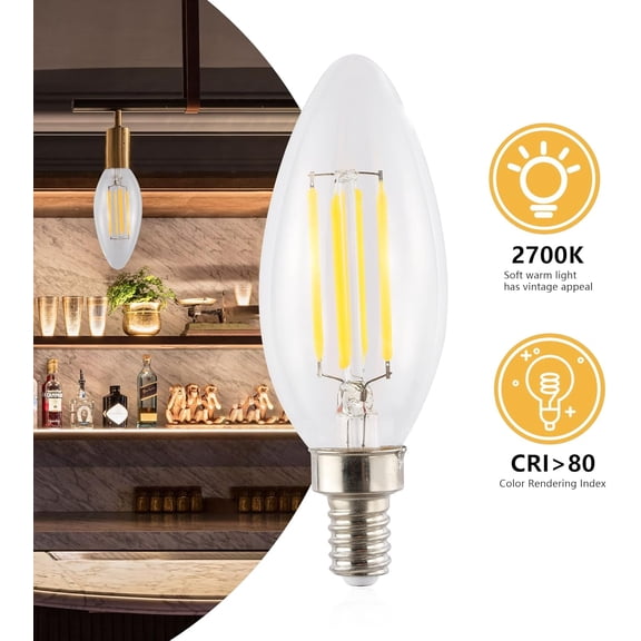 ASIASN-BLB-C35A-SET6 Vintage Non-Dimmable LED Edison Glass Bulbs, 4W, Equivalent 40W, E12 Base, 80+ CRI, C35 Warm White 2700K, 420 Lumens for Bedroom, Living Room, Office, Clear, Pack of 6