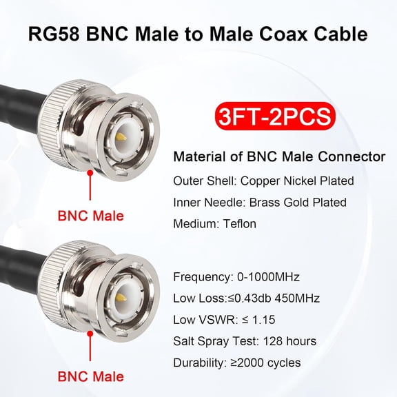 ASIASN-BNC Cable - 3FT 2PCS RG58 50 ohm BNC Male to Male Coax Cables Low Loss BNC Extension Coaxial Cable for Antennas, RF Radios, Modems, Oscilloscopes, Spectrum, etc (Red)