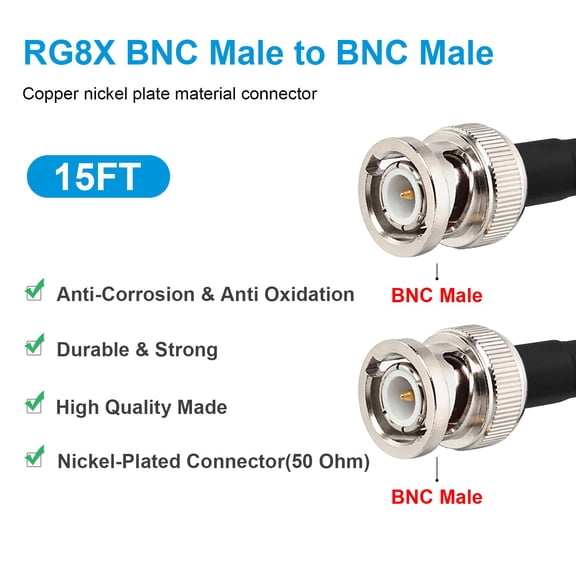 ASIASN-BNC Male to BNC Male Coaxial Cable 50 ohm Ultra Low Loss RG8X Coax Cable BNC Cable for Antenna, RF Radio, Modem, Oscilloscope, Spectrum, Analyzer, Signal Generator (15FT)