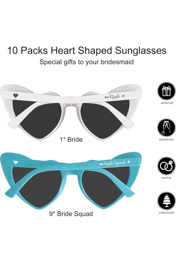 -Bachelorette Sunglasses Heart Sunglasses 10 Packs Bride Squad Sunglasses for Bachelorette Party Favors