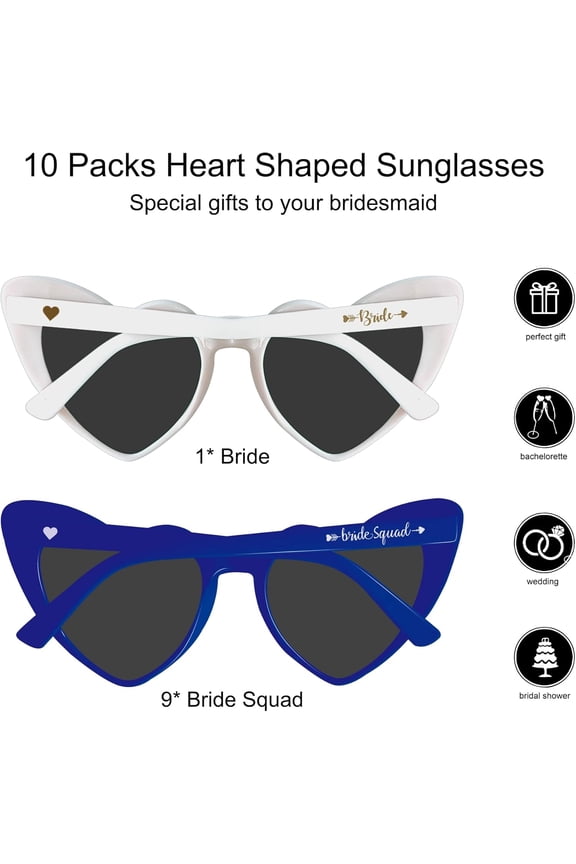 -Bachelorette Sunglasses Heart Sunglasses 10 Packs Bride Squad Sunglasses for Bachelorette Party Favors