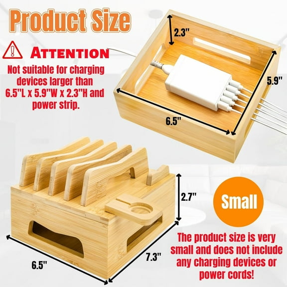 ASIASN-Bamboo Charging Station for Multi Devices, Small Desktop Docking Stand, Cell Phone Docking Station Charger Organizer for Tablets, Smart Watch (No USB Charger No Charging Cables)