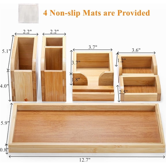ASIASN-Bamboo Desk Vanity Tray, 7 Pieces Adjustable Pen Holder Stationery Caddy, Bathroom Vanity Organizer Set, Sturdy Countertop Tray Storage Boxes Office Supplies for Makeup Small Items Home Kitche