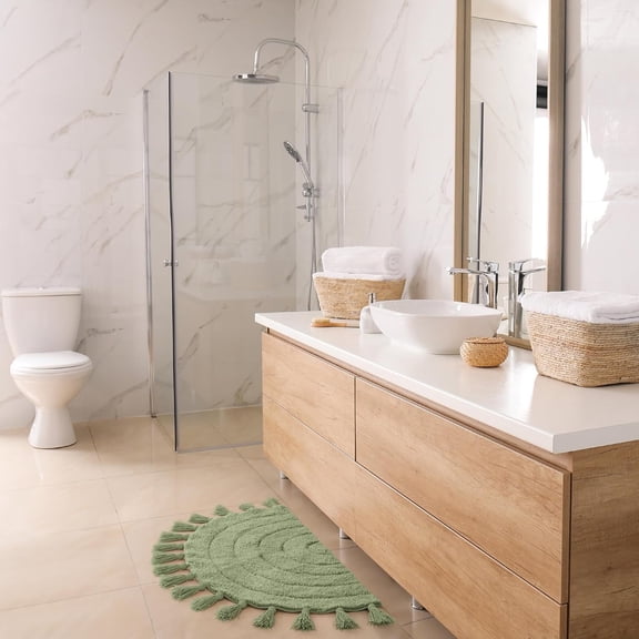 ASIASN-Beautiful Boho Rug with Tassels for Your Bathroom - Soft Half Circle 100% Cotton Mat Fits Perfectly Into Your Home - A Cute, Non-Slip and Absorbent Crochet Rug Ideal to Enhance Any Bath/Bedroo