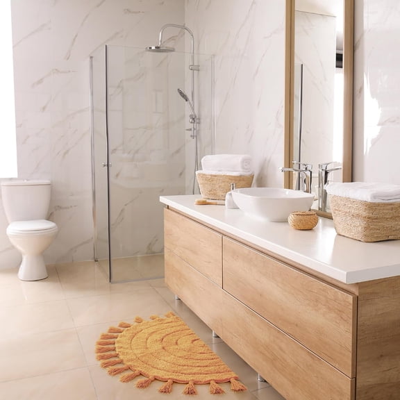 ASIASN-Beautiful Boho Rug with Tassels for Your Bathroom - Soft Half Circle 100% Cotton Mat Fits Perfectly Into Your Home - A Cute, Non-Slip and Absorbent Crochet Rug Ideal to Enhance Any Bath/Bedroo