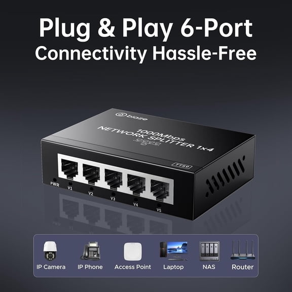 ASIASN-Biaze 4-Port Ethernet Splitter, Gigabit LAN Network Hub Adapter 1 to 4, Plug & Play Internet Cable Connector for Home/Office/School, Cat6 RJ45 Splitter for PC/Modem/Router/Gaming (1000Mbps)