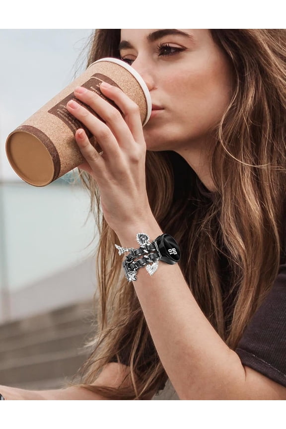 -Black Metal Band with Charms Women 20mm Adjustable Double Chain Watch Strap Compatible with Samsung Galaxy Watch 7/6/5/4/Active 2/4 6 Classic/5 Pro/FE 40mm 42mm 43mm 44mm 45mm 46mm 47mm Gift