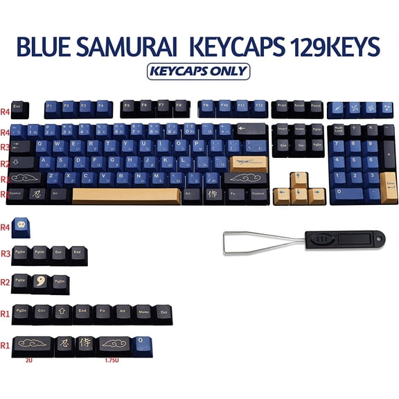 ASIASN-Blue Samurai Keycaps, 129 Set PBT KeyCaps for Gaming Keyboard, Cherry Profile Dye Sublimation Custom Keycaps with Puller for Gateron Kailh Cherry MX Switch 104/87/71/61 60 Percent Keyboard