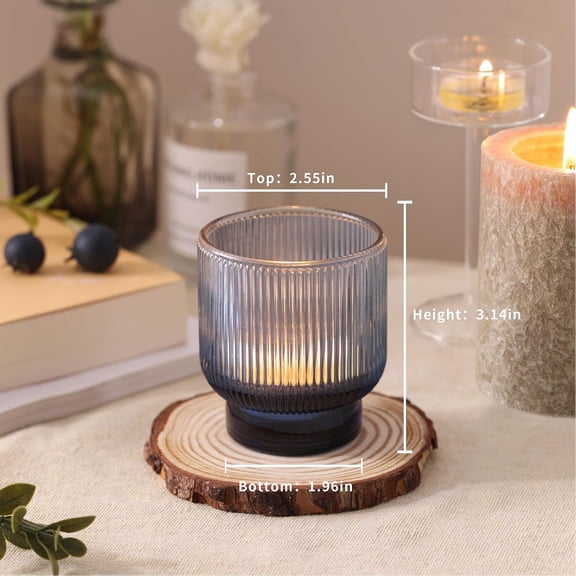 ASIASN-Blue Votive Candle Holders Set of 6-2.55" x 3" Gradient Glass Tea Light Candle Holder with Stylish Ribbed Design, Large Votive Holders for Wedding Centerpieces, Fall, Vintage Party or Home Dec