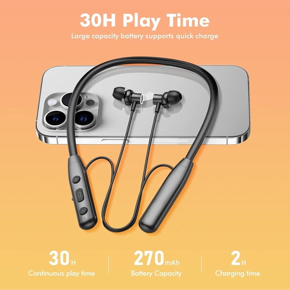ASIASN-Bluetooth 5.3 Neckband Earbuds with Microphone, Wireless Stereo Neckband Headphones, 30 Hrs Play Music, IPX6 Waterproof Neck Earphones in Ear Headset for Sport/Workout/Outdoor