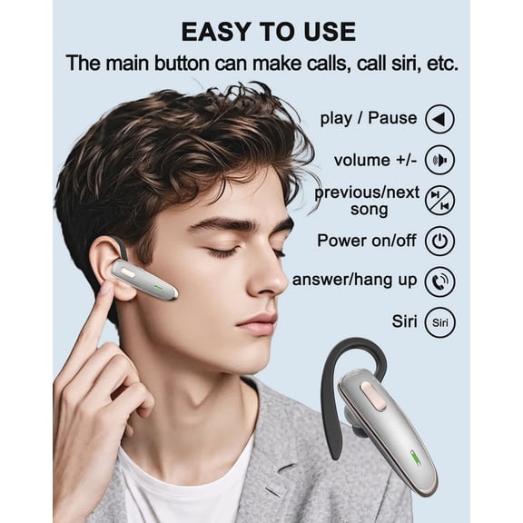 ASIASN-Bluetooth Earpiece, V5.1 Ultralight Wireless Handsfree Headset for Cell Phone with Noise Cancellation Microphone for iOS Android Samsung Laptop Trucker Driver - Grey