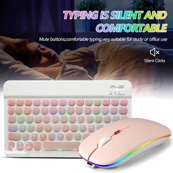 ASIASN-Bluetooth Keyboard and Mouse Combo for iPad - Rechargeable Wireless Keyboard & Mouse with 7-Color Backlit Compatible with iPad 9th/8th Gen, iPad Pro/Air/Mini, iPhone14/13/12 Pro, Round Keys Pi