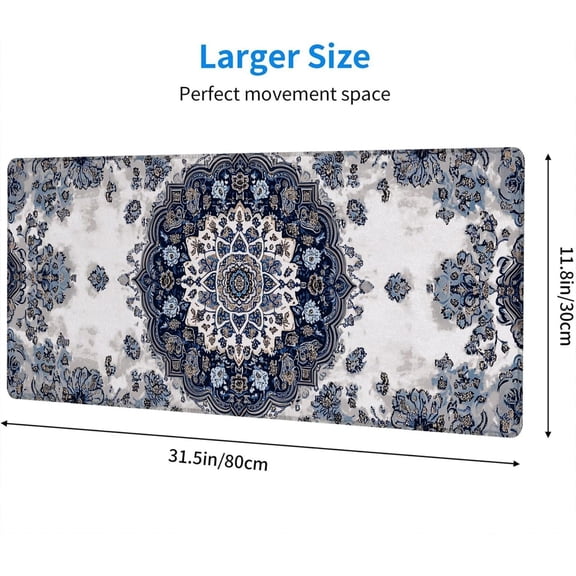 ASIASN-Boho Carpet Style Desk Pad Mouse Pad Bohemian Mandala Blue Mousepad XL Large Gaming Mouse Pad Laptop Keyboard Mat Desk Pad Office Home Decor for Women Girl 31.5"x11.8"