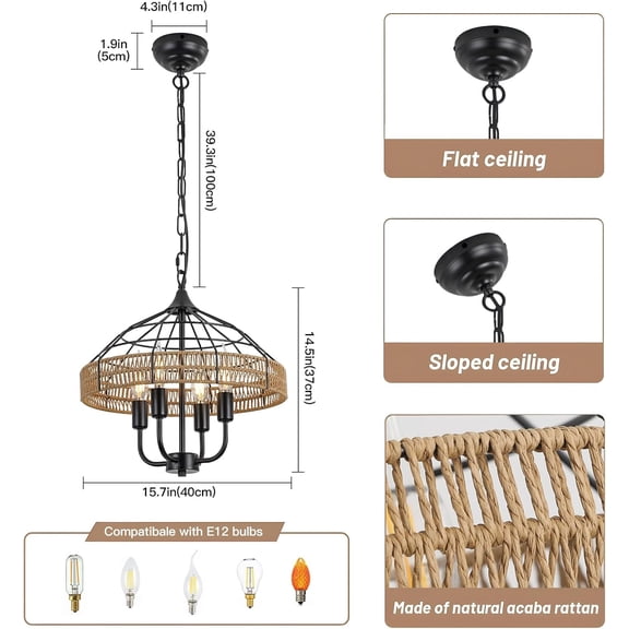 ASIASN-Boho Pendant Light Chandelier Light, Farmhouse Rattan Hand-Woven Light Fixture,Adjustable Coastal Hanging Ceiling Chandelier for Dining Room Kitchen Island Foyer.