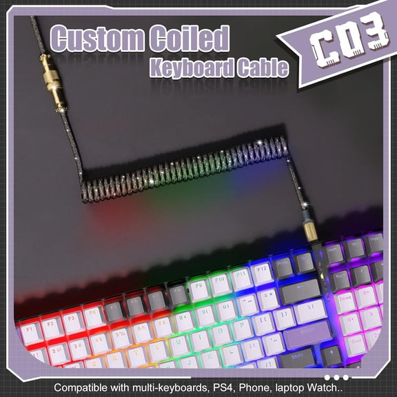 ASIASN-C03 Custom Coiled USB C to A Cable with Detachable Double Sleeve Braided Nylon Spiral Cable Extendable Spring Line 24K Gold Aviator for Mechanical Gaming Keyboard Smartphone Printer(Gray)