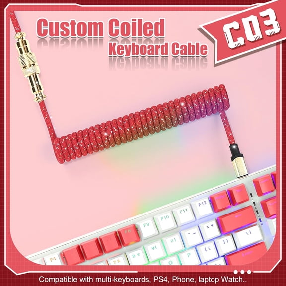 ASIASN-C03 Custom Coiled USB C to A Cable with Detachable Double Sleeve Braided Nylon Spiral Cable Extendable Spring Line 24K Gold Aviator for Mechanical Gaming Keyboard Smartphone Printer(Red)