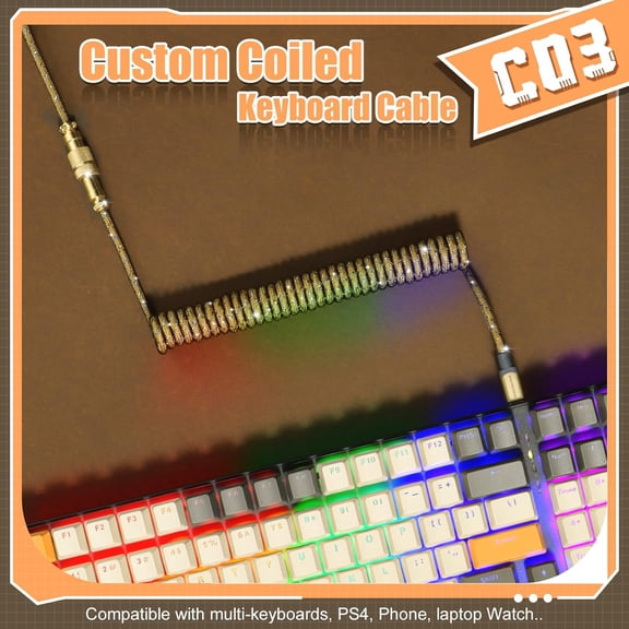 ASIASN-C03 Custom Coiled USB C to A Cable with Detachable Double Sleeve Braided Nylon Spiral Cable Extendable Spring Line 24K Gold Aviator for Mechanical Gaming Keyboard Smartphone Printer(Gold)