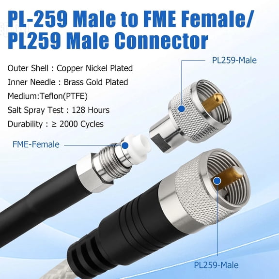ASIASN-CB Coax Cable 6ft, CB Radio Antenna Cable RG8X Coaxial Cable with PL-259 Male to FME Female/ PL259 Male Connector, Low Loss for HAM Radio, VHF Radio, Marine Antenna, SWR Meter