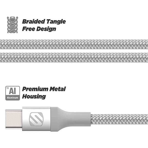 ASIASN-CCB4SR-SP Premium Strikeline USB-C to USB-C Sync Braided Charging Cable, 4 feet, Silver