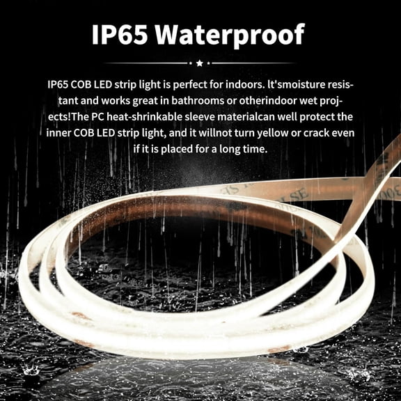 ASIASN-COB led Strips Lights,DC24V Outdoor led Strip,Cool White 6000K,320LEDs/M,8MM Wide,16.4ft/5M,CRI90+ IP65 Waterproof Strips Light for Bathroom Decor,Pool,Aquariums(Not Included Power)