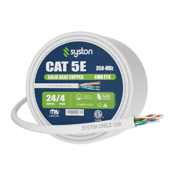 ASIASN-Cat 5e Ethernet Network Cable - 50 FT350MHz 24AWG Solid Bare Copper Wire Outdoor/Indoor, Bulk No Ends 10 Ft to 1000 Ft Available, Heat Resistant Riser Rated - CMR