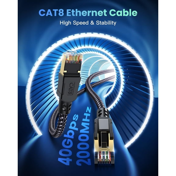 ASIASN-Cat 8 Ethernet Cable 25 FT, High Speed 40Gbps 2000Mhz Braided Network Internet Cable with Gold Plated RJ45 Connector, Heavy Duty LAN Cable S/FTP UV Resistant for Router/Gaming/PC, 15 Clips